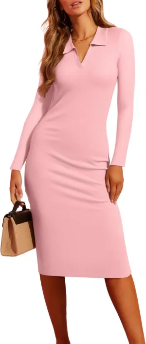 Valiamcep Women's Dress Long Sleeve V Neck Collared Ribbed Knit Bodycon Casual Midi Dresses