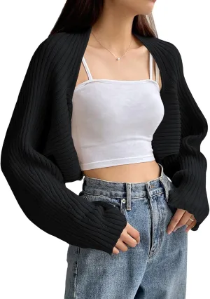 Verdusa Women's Long Sleeve Open Front Knitted Crop Cardigan Sweater Shrug