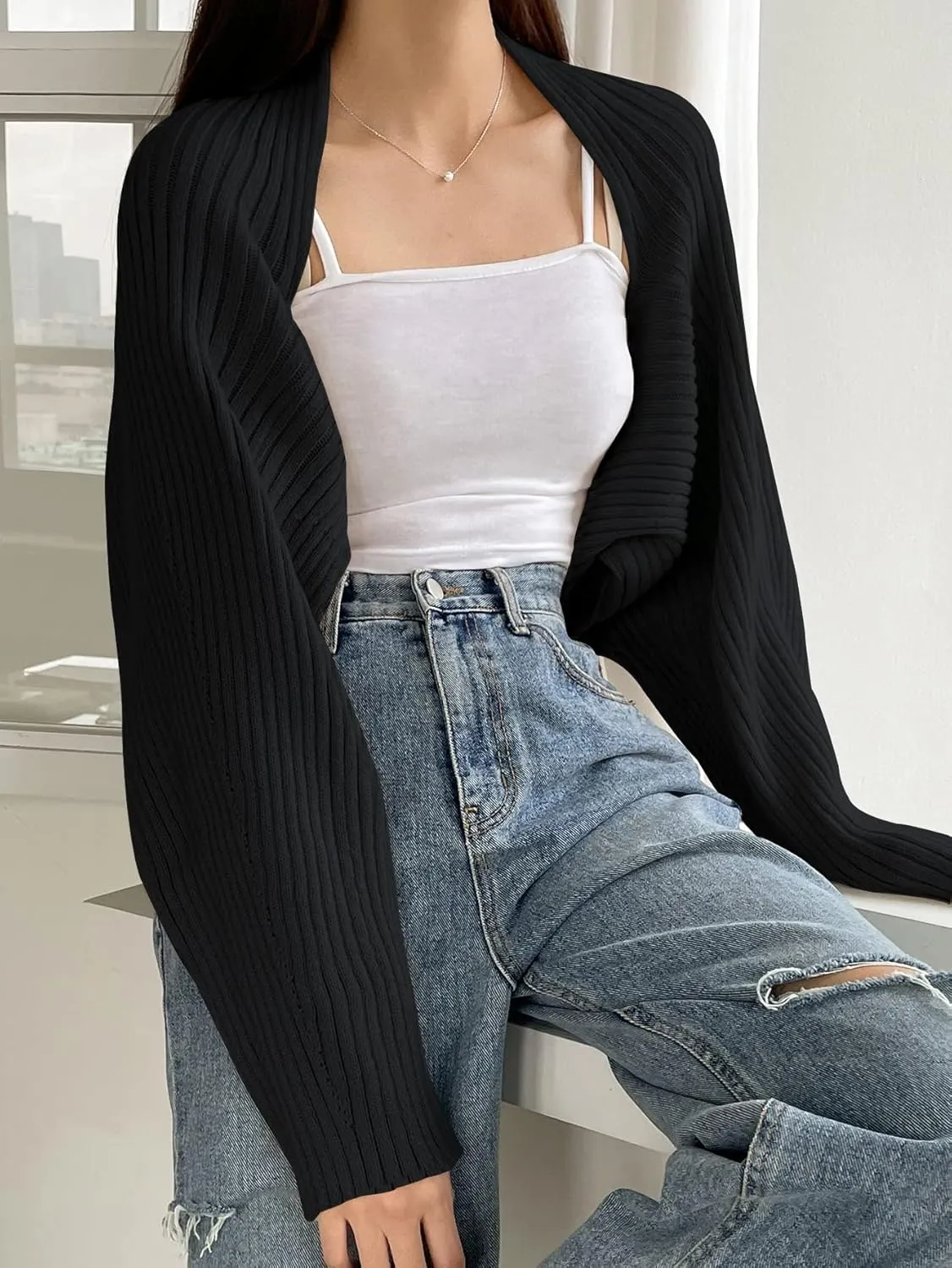 Verdusa Women's Long Sleeve Open Front Knitted Crop Cardigan Sweater Shrug