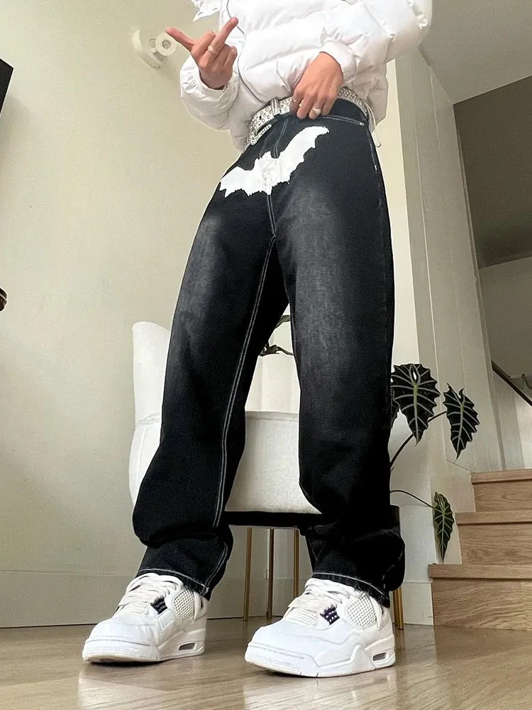 Wiaofellas Hot Sale Printed Black Jeans For Men Y2K Fashion Graphic Painted Baggy Casual Trousers Loose Straight Leg Cotton Denim Pants New