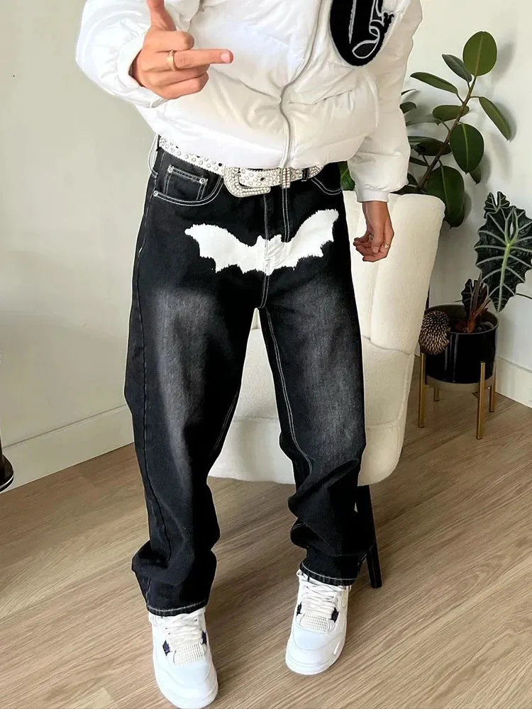 Wiaofellas Hot Sale Printed Black Jeans For Men Y2K Fashion Graphic Painted Baggy Casual Trousers Loose Straight Leg Cotton Denim Pants New