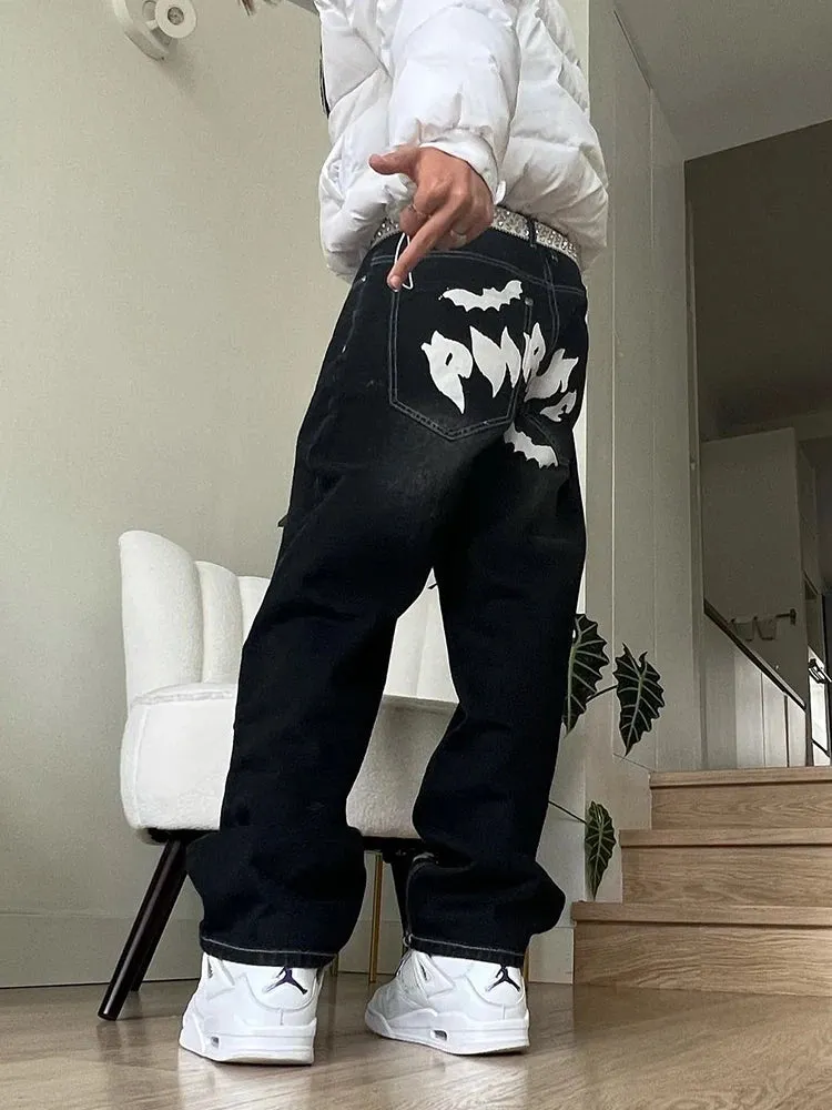 Wiaofellas Hot Sale Printed Black Jeans For Men Y2K Fashion Graphic Painted Baggy Casual Trousers Loose Straight Leg Cotton Denim Pants New