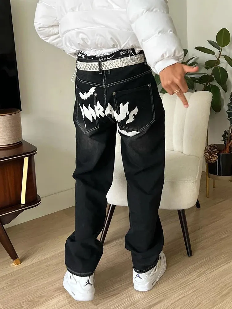 Wiaofellas Hot Sale Printed Black Jeans For Men Y2K Fashion Graphic Painted Baggy Casual Trousers Loose Straight Leg Cotton Denim Pants New