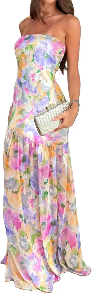 Women Bodycon Maxi Tube Dress Printed Strapless Sleeveless Long Going Out Summer Party Wedding Midi Dress