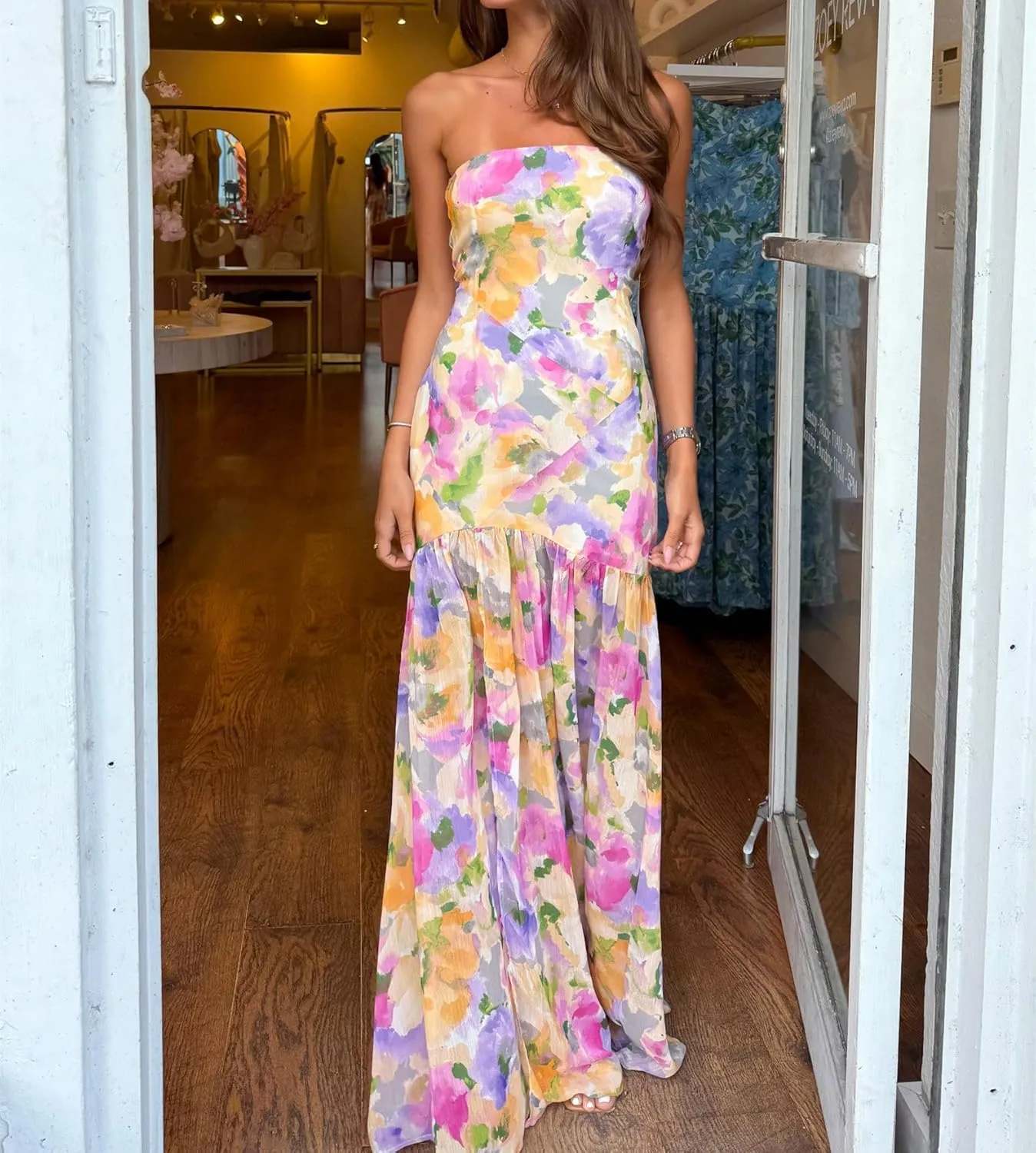 Women Bodycon Maxi Tube Dress Printed Strapless Sleeveless Long Going Out Summer Party Wedding Midi Dress