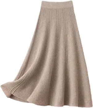 Women High Waist Knit Umbrella Skirt Wool Solid Elastic A-Line Office Lady Skirts