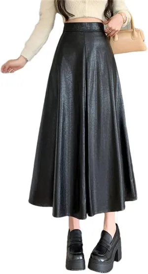 Women's A-Line Umbrella Skirts Elegant High Waist Solid Color Office Lady Casual Long Skirts