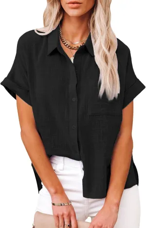 Womens Casual Cotton Linen Button Down Short Sleeve Shirts Solid Summer Beach Blouses Tops with Pocket