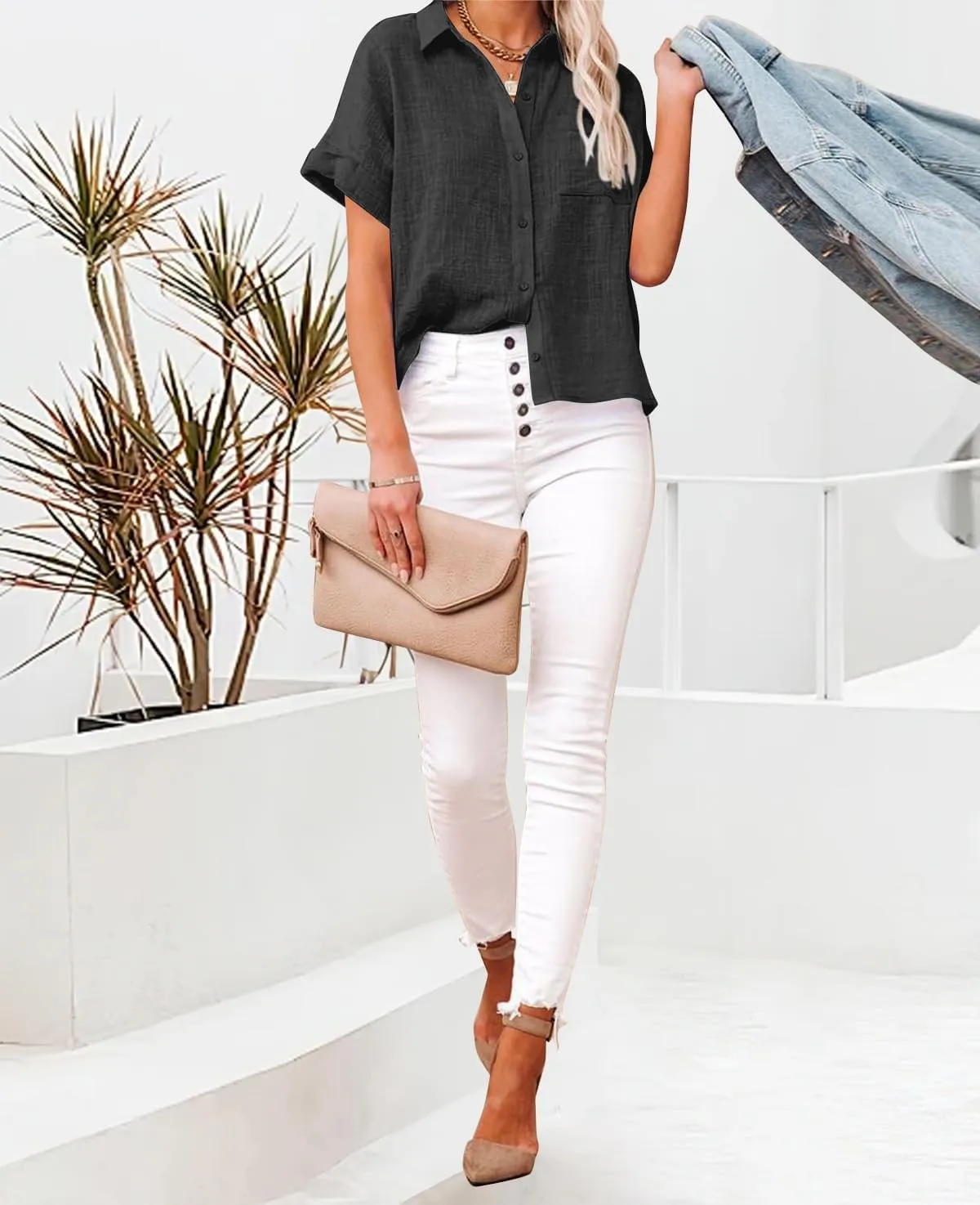 Womens Casual Cotton Linen Button Down Short Sleeve Shirts Solid Summer Beach Blouses Tops with Pocket