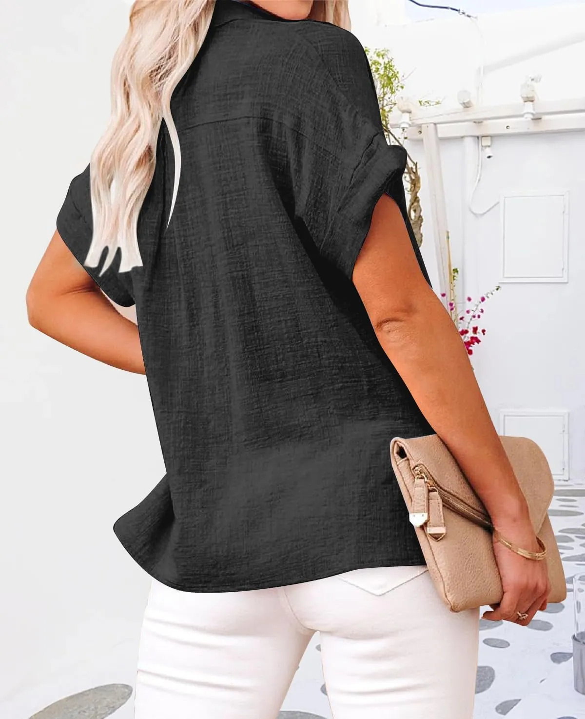 Womens Casual Cotton Linen Button Down Short Sleeve Shirts Solid Summer Beach Blouses Tops with Pocket