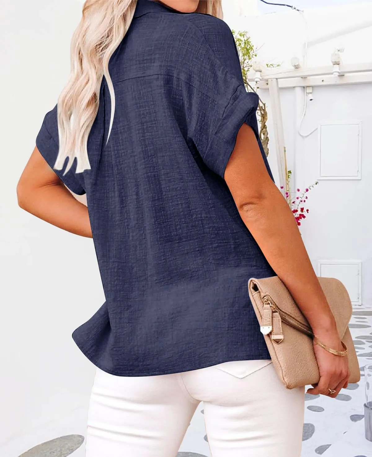 Womens Casual Cotton Linen Button Down Short Sleeve Shirts Solid Summer Beach Blouses Tops with Pocket