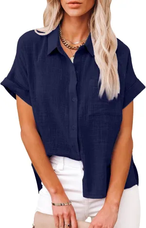 Womens Casual Cotton Linen Button Down Short Sleeve Shirts Solid Summer Beach Blouses Tops with Pocket