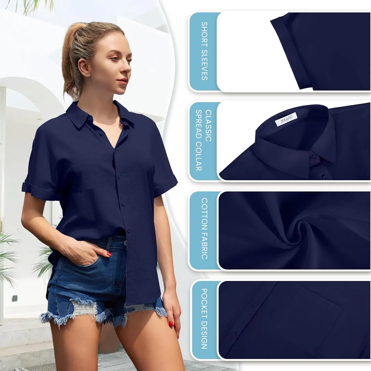 Womens Casual Cotton Linen Button Down Short Sleeve Shirts Solid Summer Beach Blouses Tops with Pocket