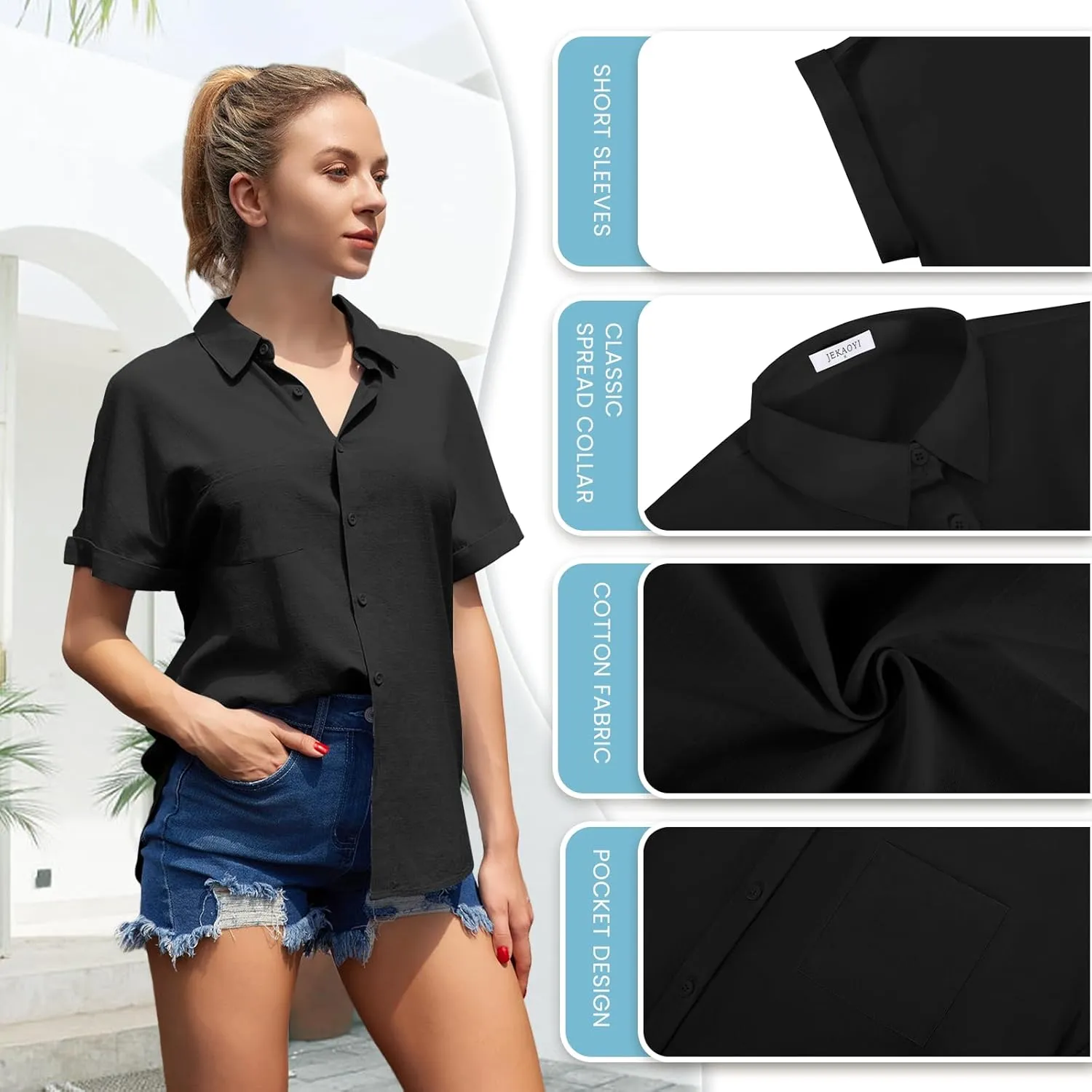 Womens Casual Cotton Linen Button Down Short Sleeve Shirts Solid Summer Beach Blouses Tops with Pocket