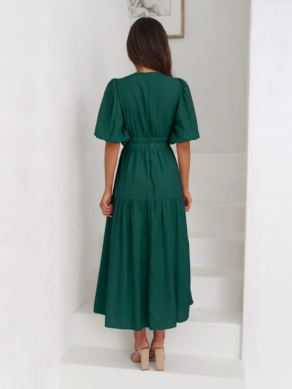 Women's Deep V-Neck Puff Short Sleeve Tiered Maxi Dress Flowy A Line Midi Dresses