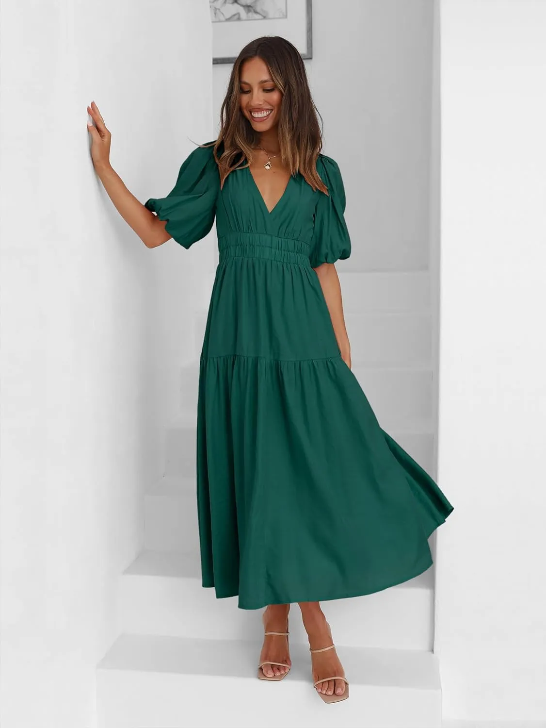 Women's Deep V-Neck Puff Short Sleeve Tiered Maxi Dress Flowy A Line Midi Dresses