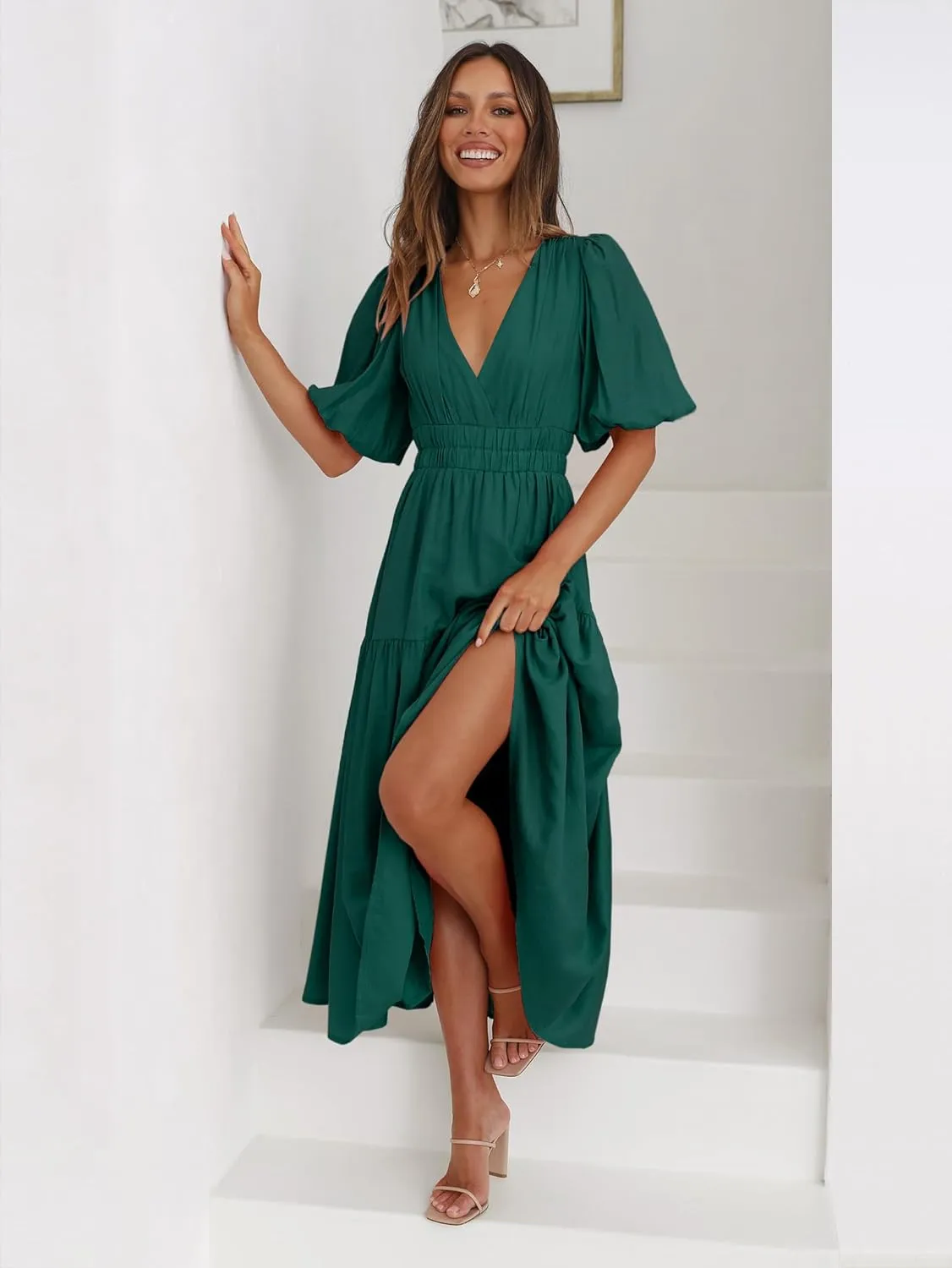 Women's Deep V-Neck Puff Short Sleeve Tiered Maxi Dress Flowy A Line Midi Dresses