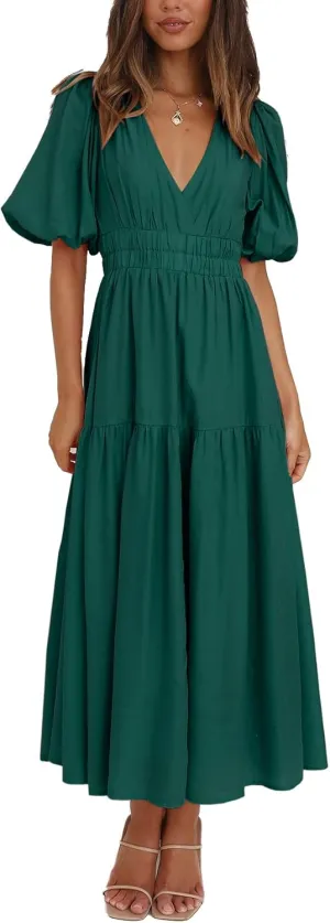Women's Deep V-Neck Puff Short Sleeve Tiered Maxi Dress Flowy A Line Midi Dresses