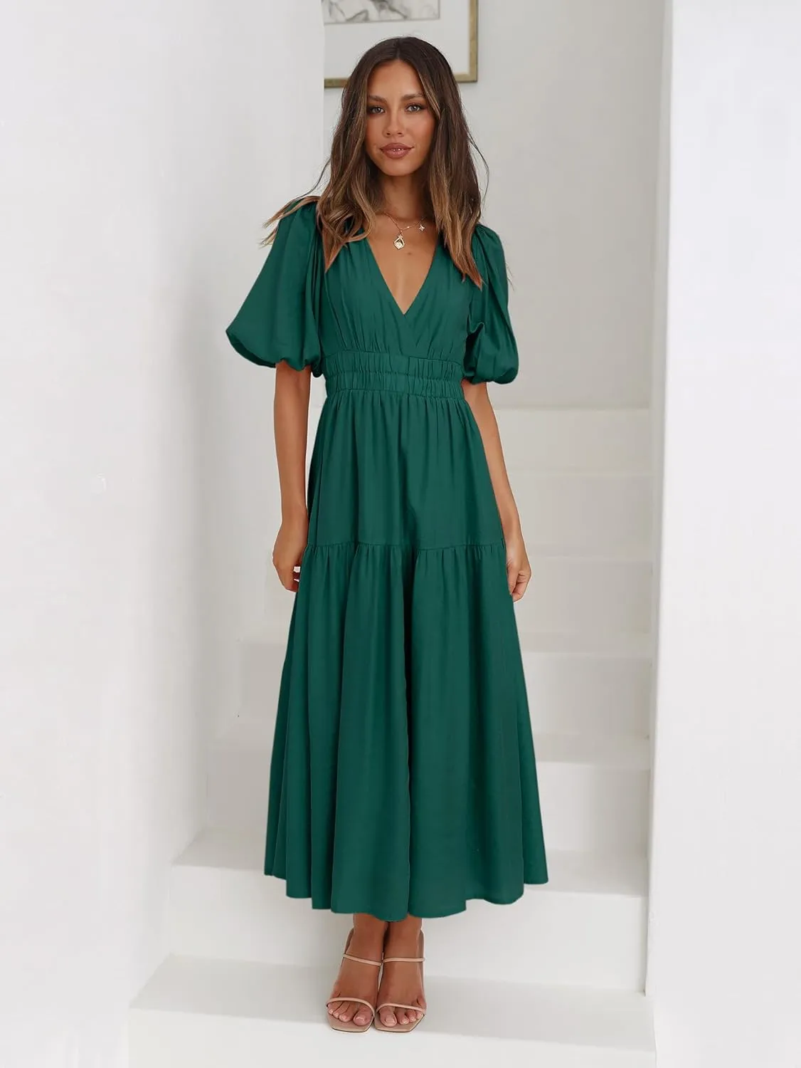 Women's Deep V-Neck Puff Short Sleeve Tiered Maxi Dress Flowy A Line Midi Dresses