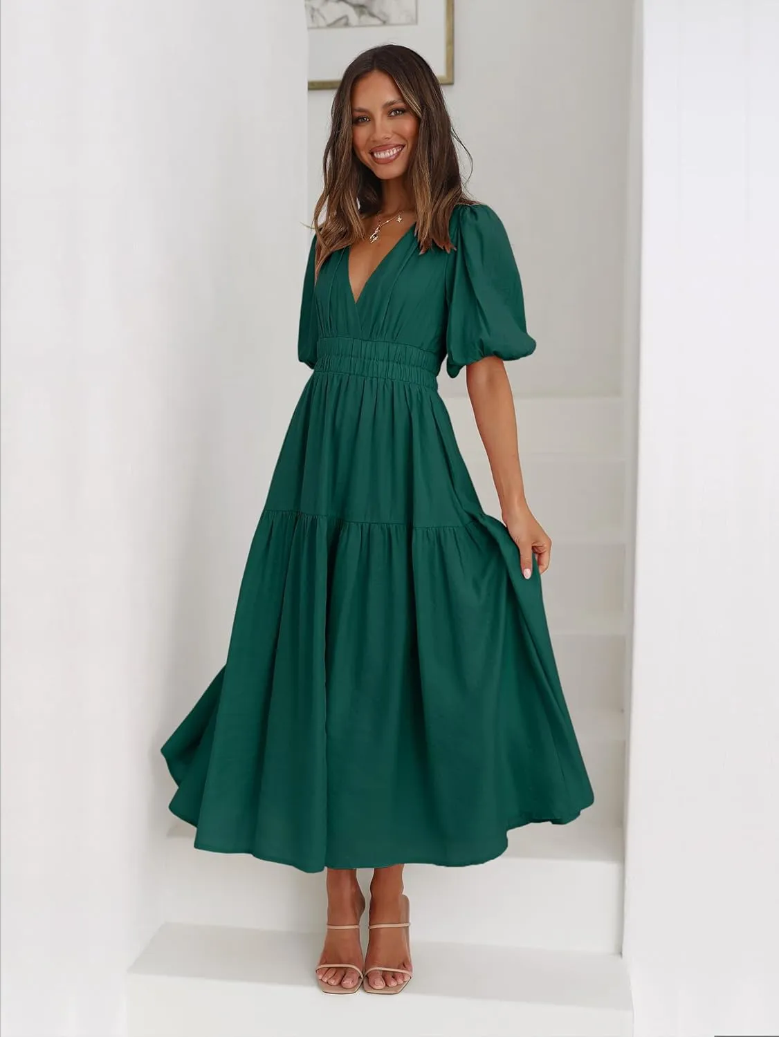 Women's Deep V-Neck Puff Short Sleeve Tiered Maxi Dress Flowy A Line Midi Dresses