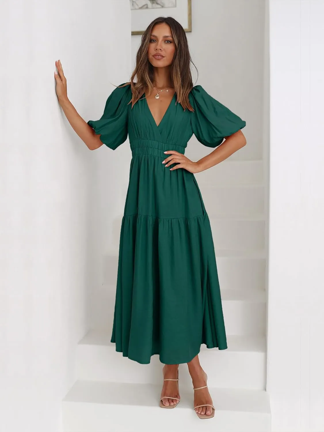 Women's Deep V-Neck Puff Short Sleeve Tiered Maxi Dress Flowy A Line Midi Dresses