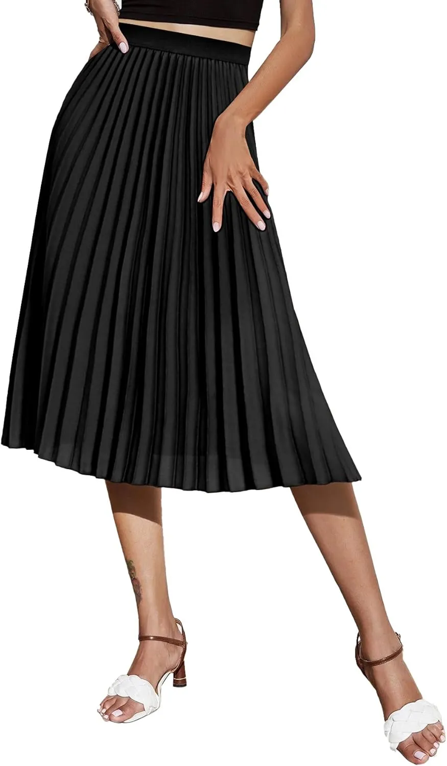 Women's Midi Skirt Elastic High Waist Pleated Skirt Knee Length Swing A-Line Casual Flowy Skirts 2025