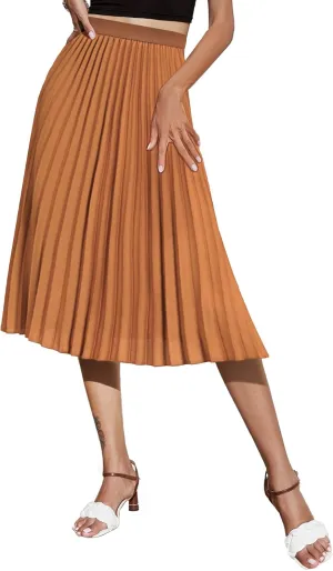 Women's Midi Skirt Elastic High Waist Pleated Skirt Knee Length Swing A-Line Casual Flowy Skirts 2025