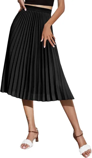 Women's Midi Skirt Elastic High Waist Pleated Skirt Knee Length Swing A-Line Casual Flowy Skirts 2025