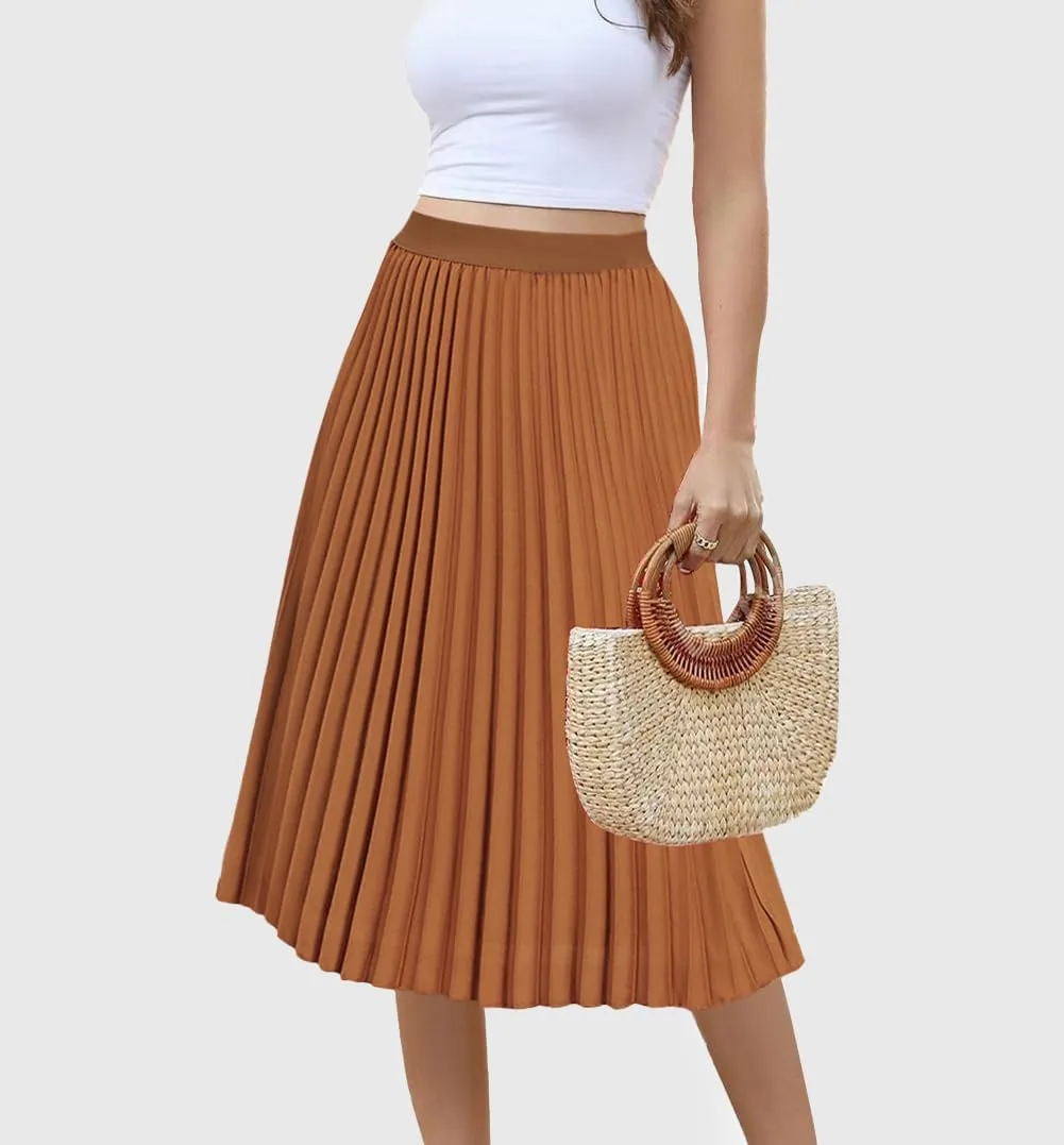 Women's Midi Skirt Elastic High Waist Pleated Skirt Knee Length Swing A-Line Casual Flowy Skirts 2025