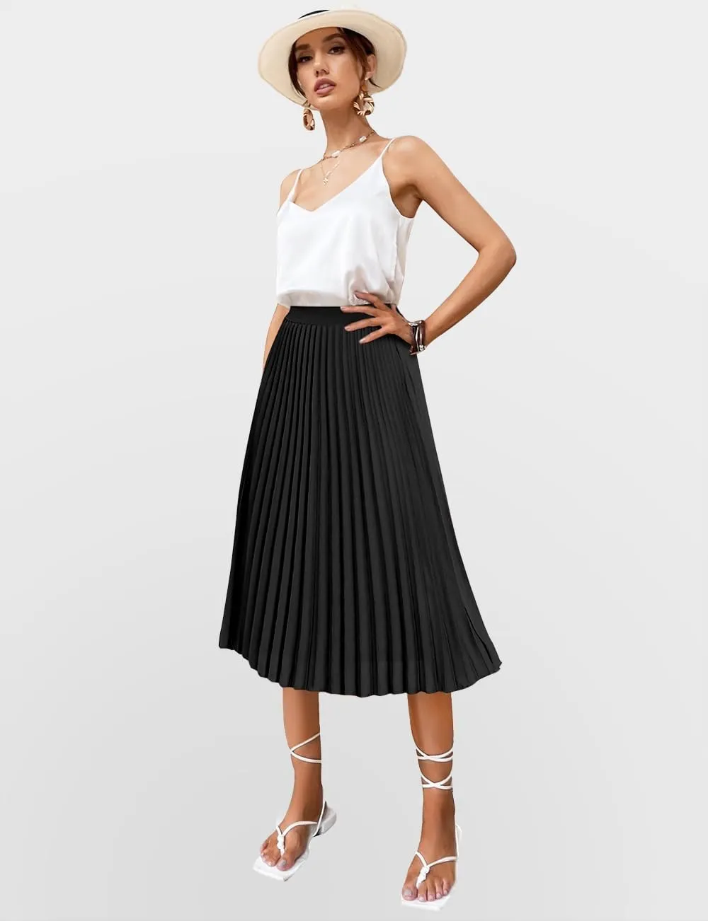 Women's Midi Skirt Elastic High Waist Pleated Skirt Knee Length Swing A-Line Casual Flowy Skirts 2025