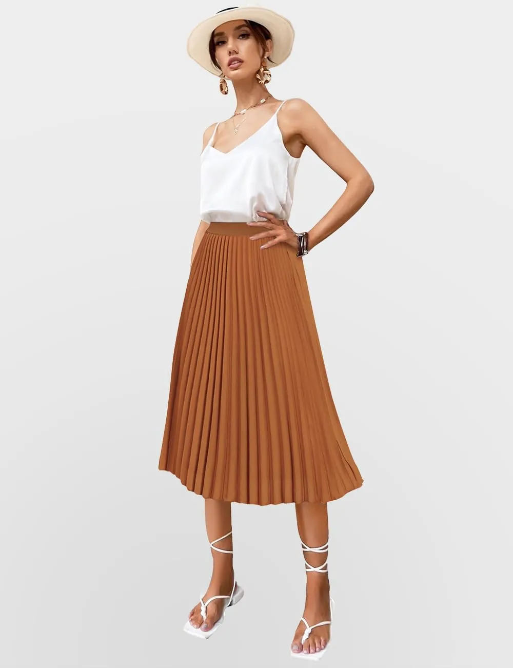 Women's Midi Skirt Elastic High Waist Pleated Skirt Knee Length Swing A-Line Casual Flowy Skirts 2025