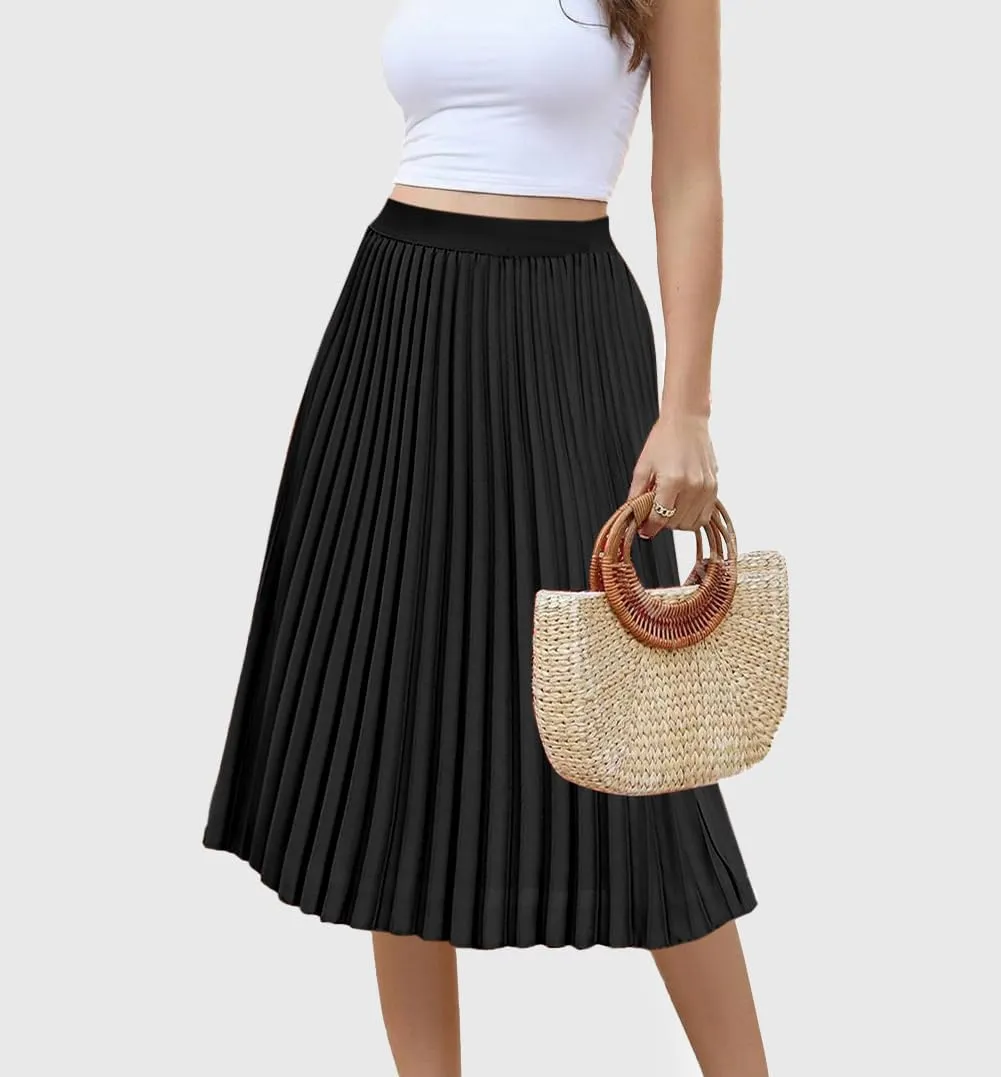 Women's Midi Skirt Elastic High Waist Pleated Skirt Knee Length Swing A-Line Casual Flowy Skirts 2025