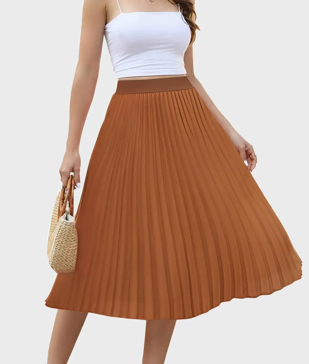 Women's Midi Skirt Elastic High Waist Pleated Skirt Knee Length Swing A-Line Casual Flowy Skirts 2025