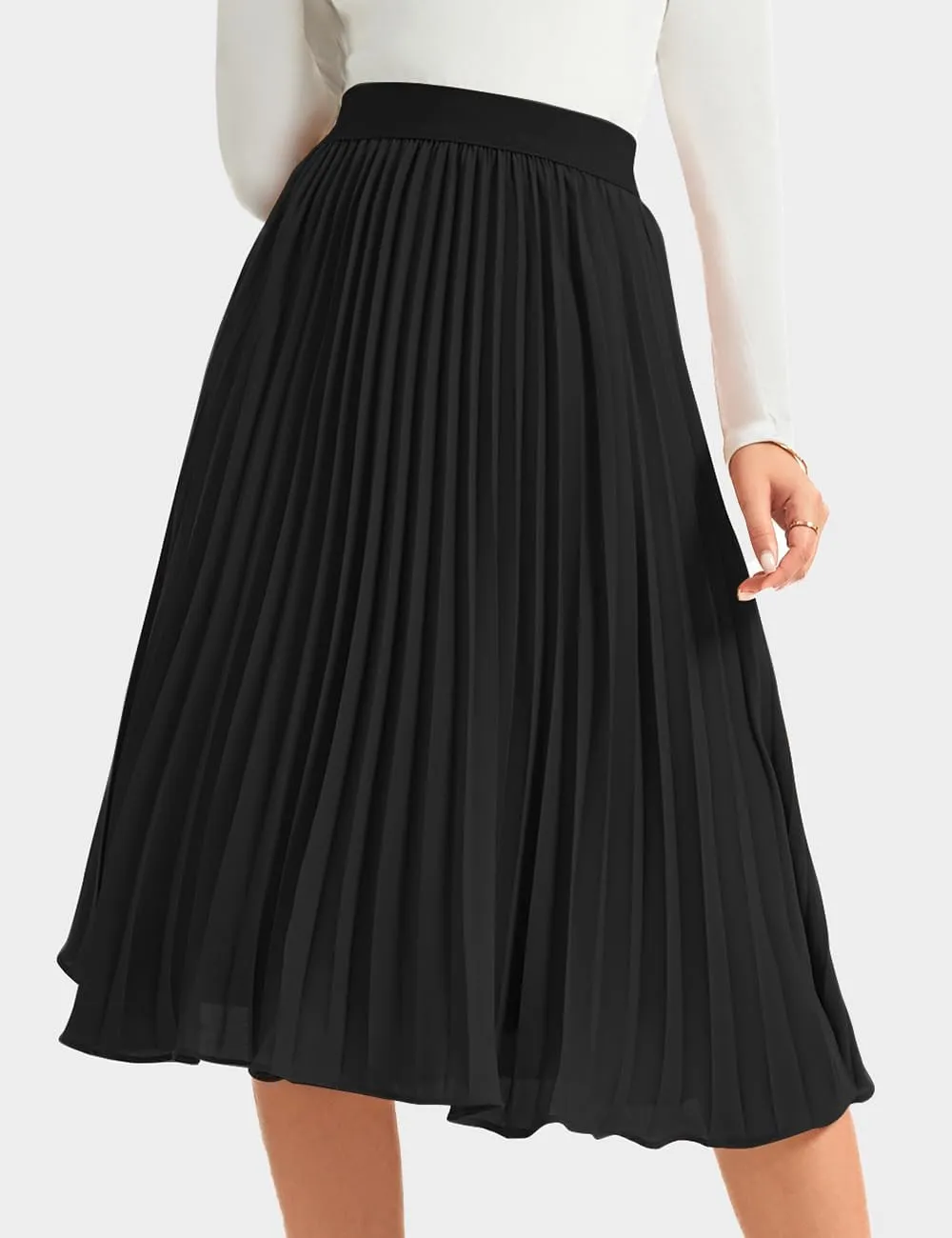 Women's Midi Skirt Elastic High Waist Pleated Skirt Knee Length Swing A-Line Casual Flowy Skirts 2025