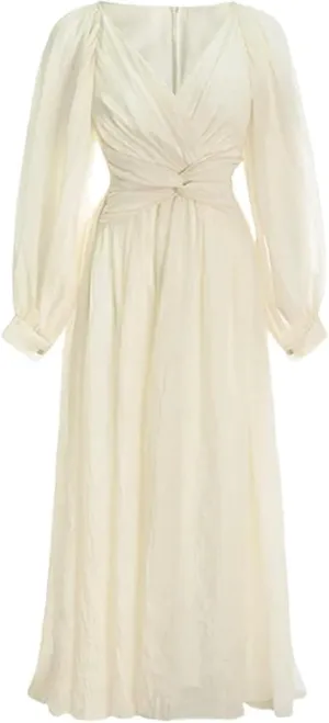 Women's Retro V Neck Pleated Maxi Dress Korean Style Puff Sleeve Ruffle Tassel Lace Trim Party Dress