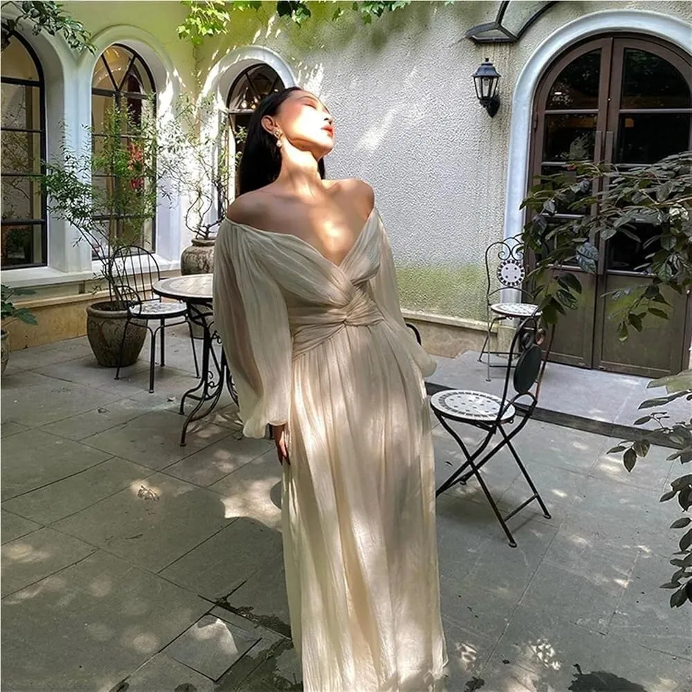 Women's Retro V Neck Pleated Maxi Dress Korean Style Puff Sleeve Ruffle Tassel Lace Trim Party Dress