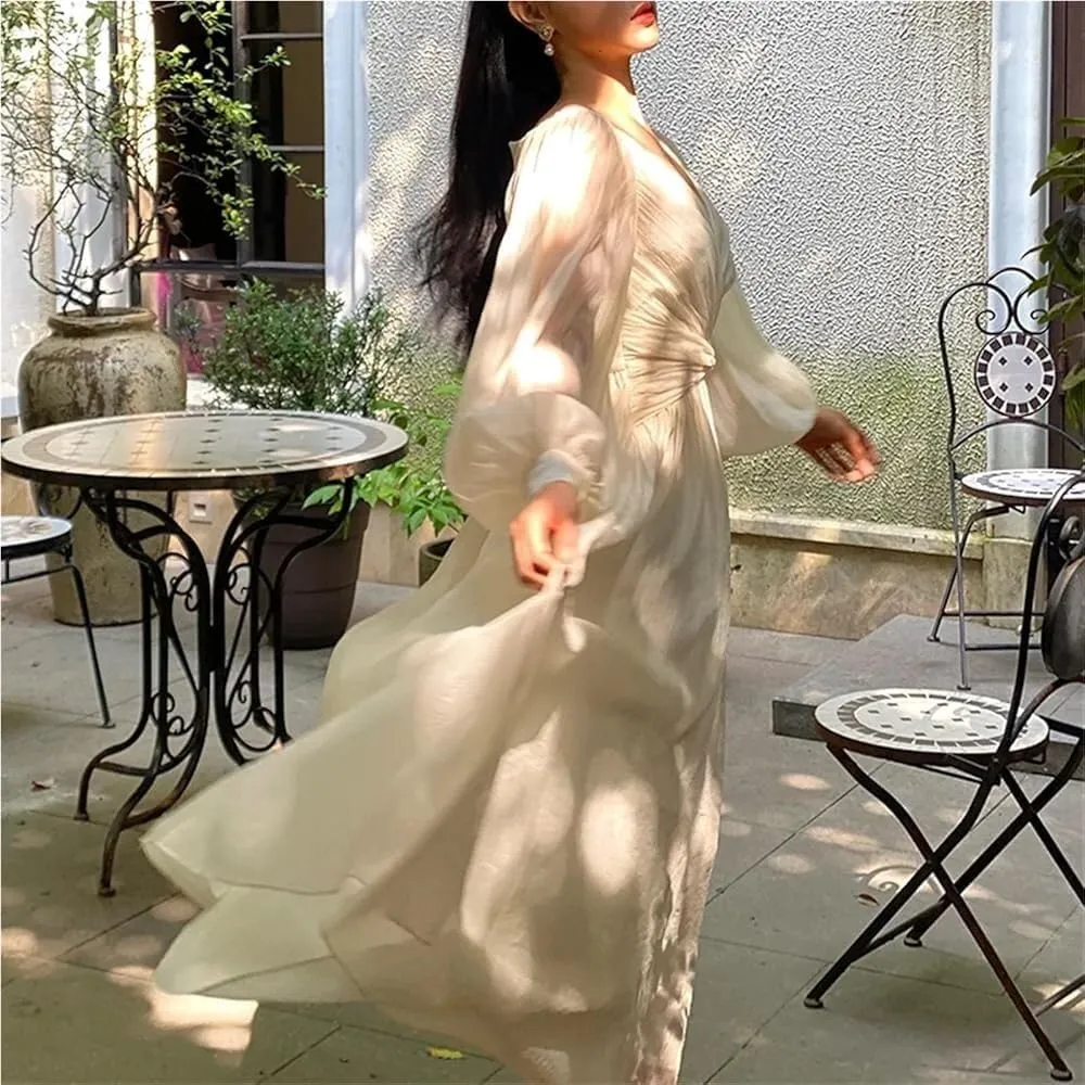 Women's Retro V Neck Pleated Maxi Dress Korean Style Puff Sleeve Ruffle Tassel Lace Trim Party Dress