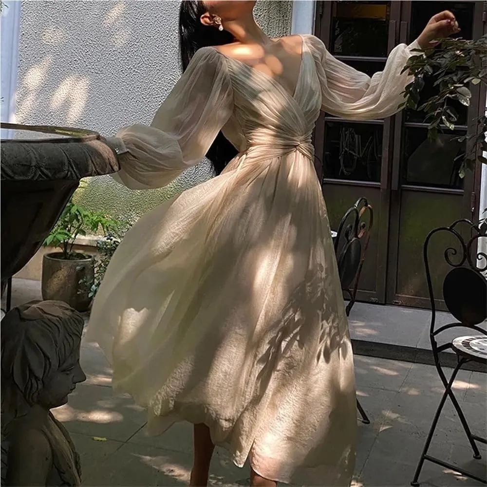 Women's Retro V Neck Pleated Maxi Dress Korean Style Puff Sleeve Ruffle Tassel Lace Trim Party Dress