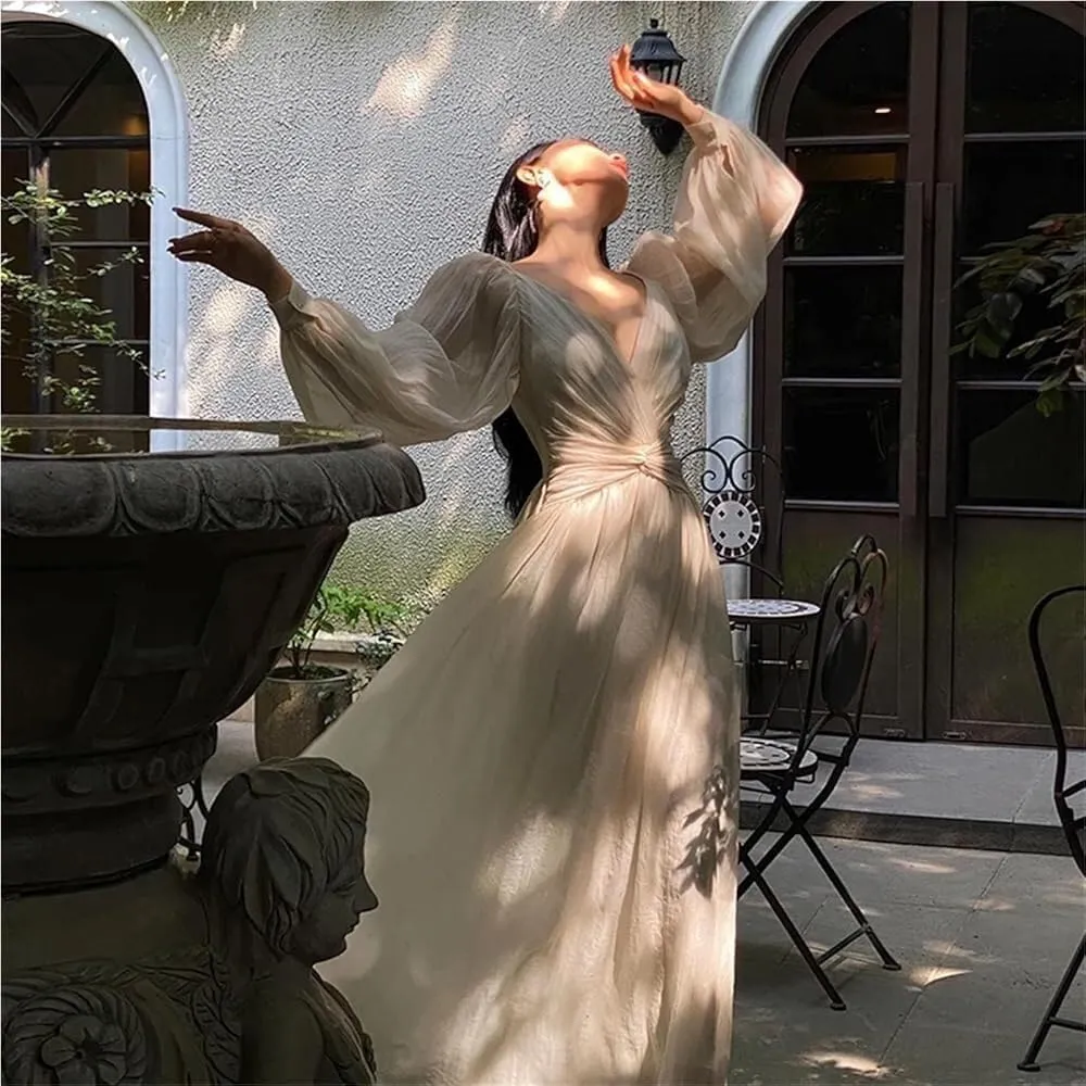 Women's Retro V Neck Pleated Maxi Dress Korean Style Puff Sleeve Ruffle Tassel Lace Trim Party Dress