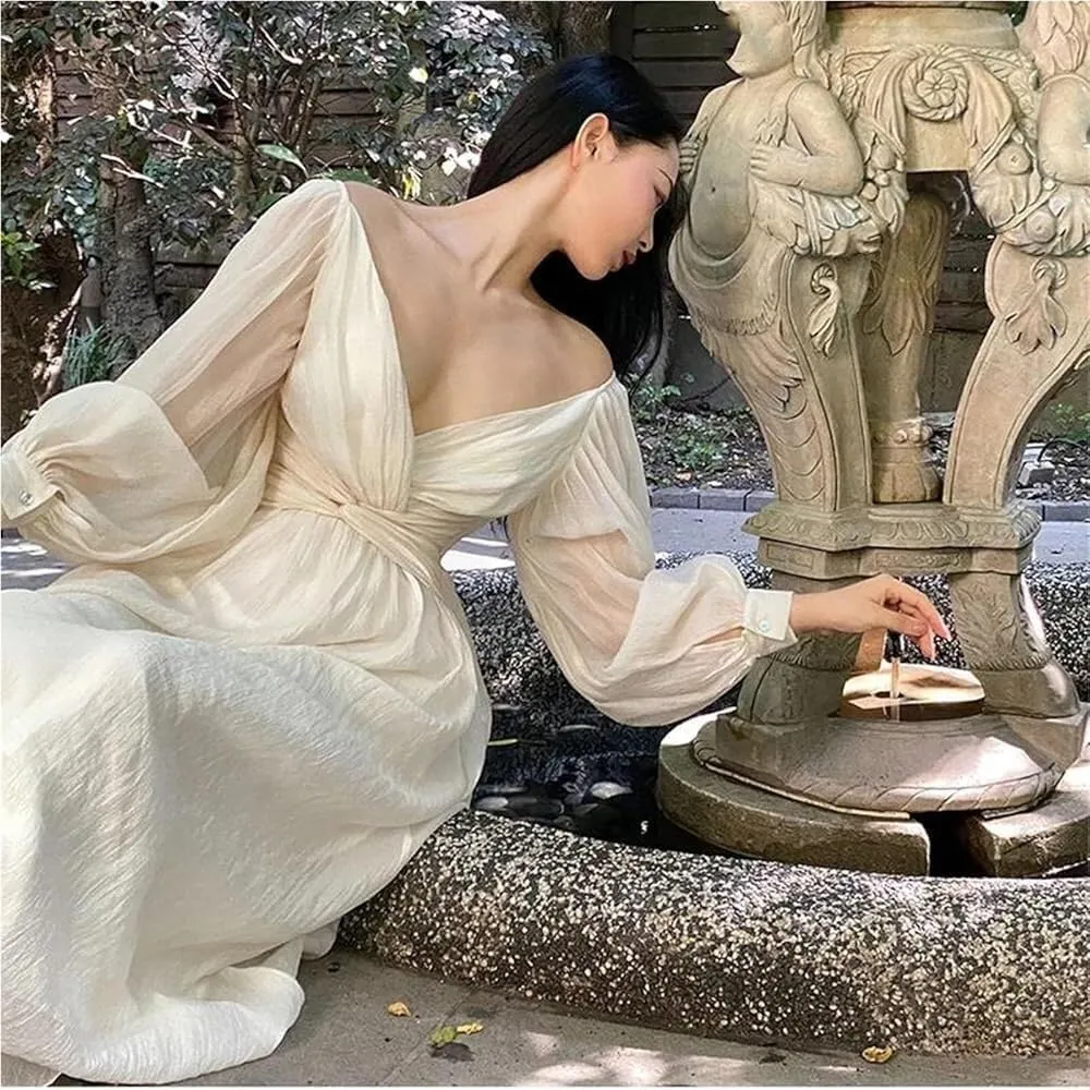 Women's Retro V Neck Pleated Maxi Dress Korean Style Puff Sleeve Ruffle Tassel Lace Trim Party Dress