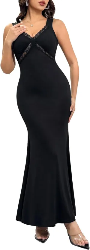 Women's Sexy V Neck Dress Elegant Sleeveless Open Back Lace Bodycon Cocktail Maxi Dresses