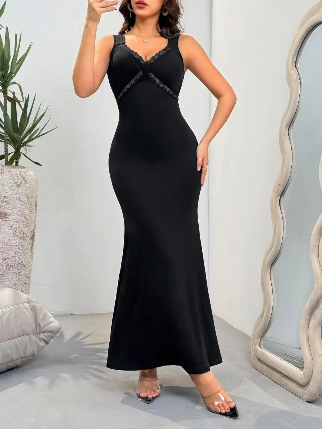 Women's Sexy V Neck Dress Elegant Sleeveless Open Back Lace Bodycon Cocktail Maxi Dresses