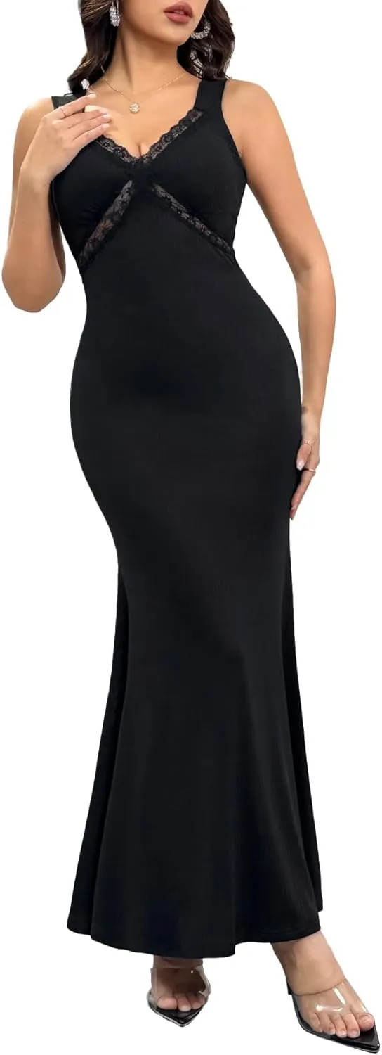 Women's Sexy V Neck Dress Elegant Sleeveless Open Back Lace Bodycon Cocktail Maxi Dresses