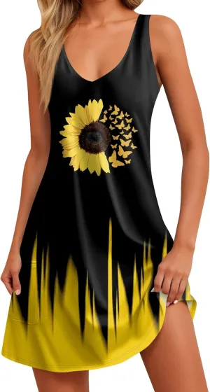 Womens Summer Dresses 2025 V Neck Sundress Sleeveless Beach Dress with Pocket Casual Printed Swimsuit Coverup