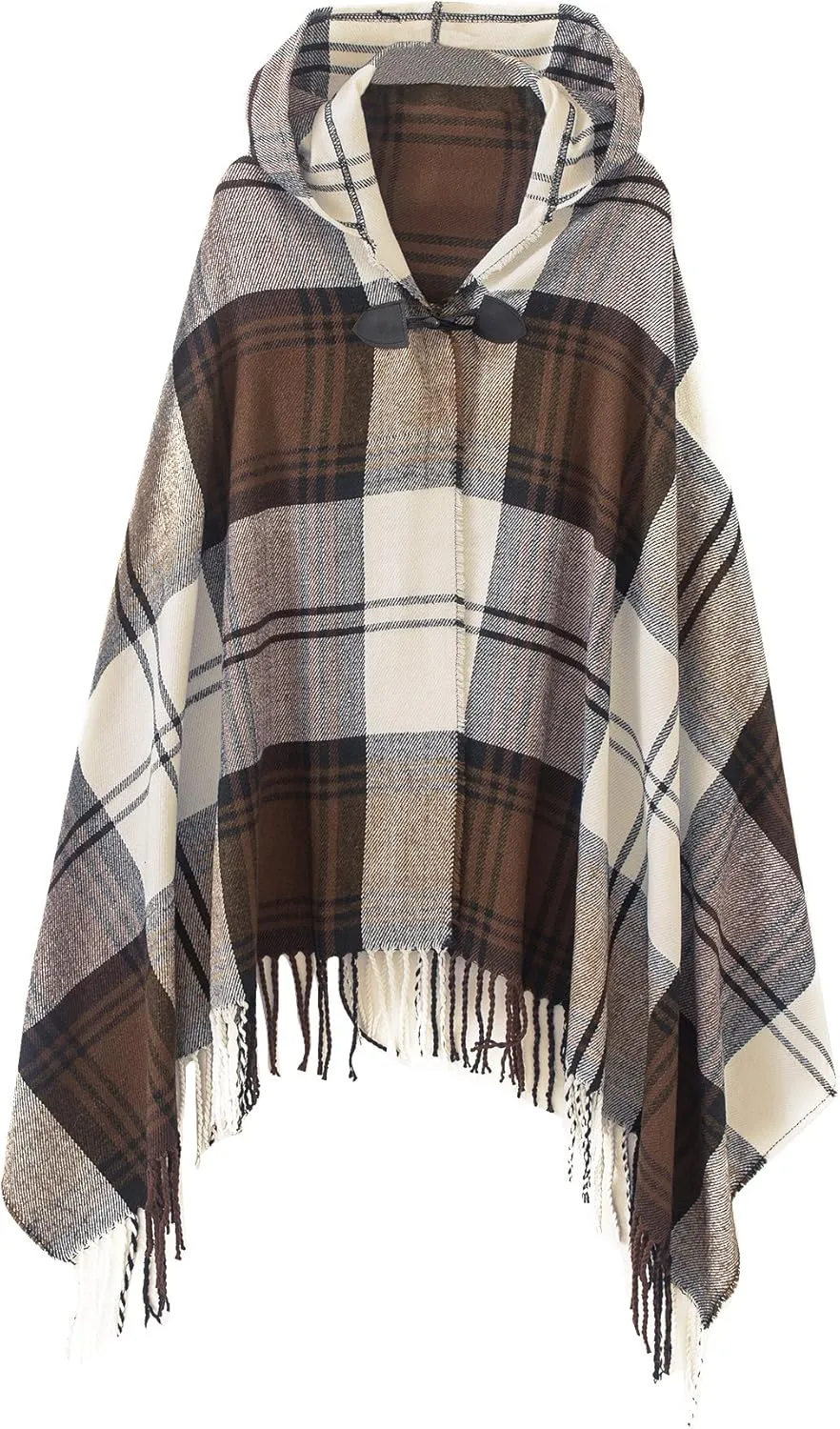 Women's Vintage Plaid Knitted Tassel Poncho Shawl Cape Button Cardigan