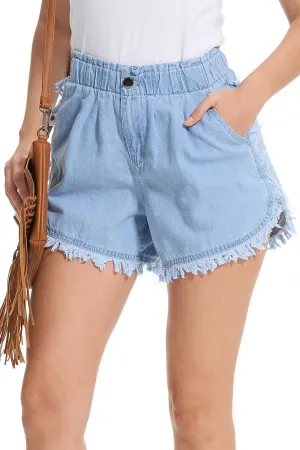 YOCUR Womens Cute Denim Ruffle Shorts Elastic High Waist Loose Pleated Flowy Fringe Tassel Button Zip up Pocket Shorts