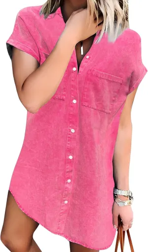 Zilcremo Women Denim Shirt Dresses Short Sleeve Distressed Jean Dress Button Down Casual Tunic Top