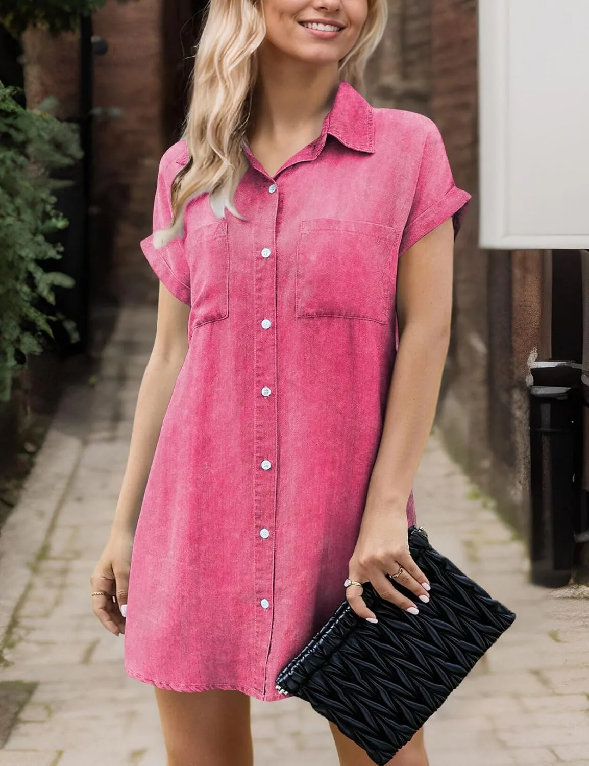 Zilcremo Women Denim Shirt Dresses Short Sleeve Distressed Jean Dress Button Down Casual Tunic Top